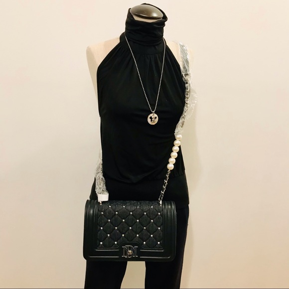 Badgley Mishka black denim, vegan leather adorned with square metal nails bag. - Picture 2 of 15